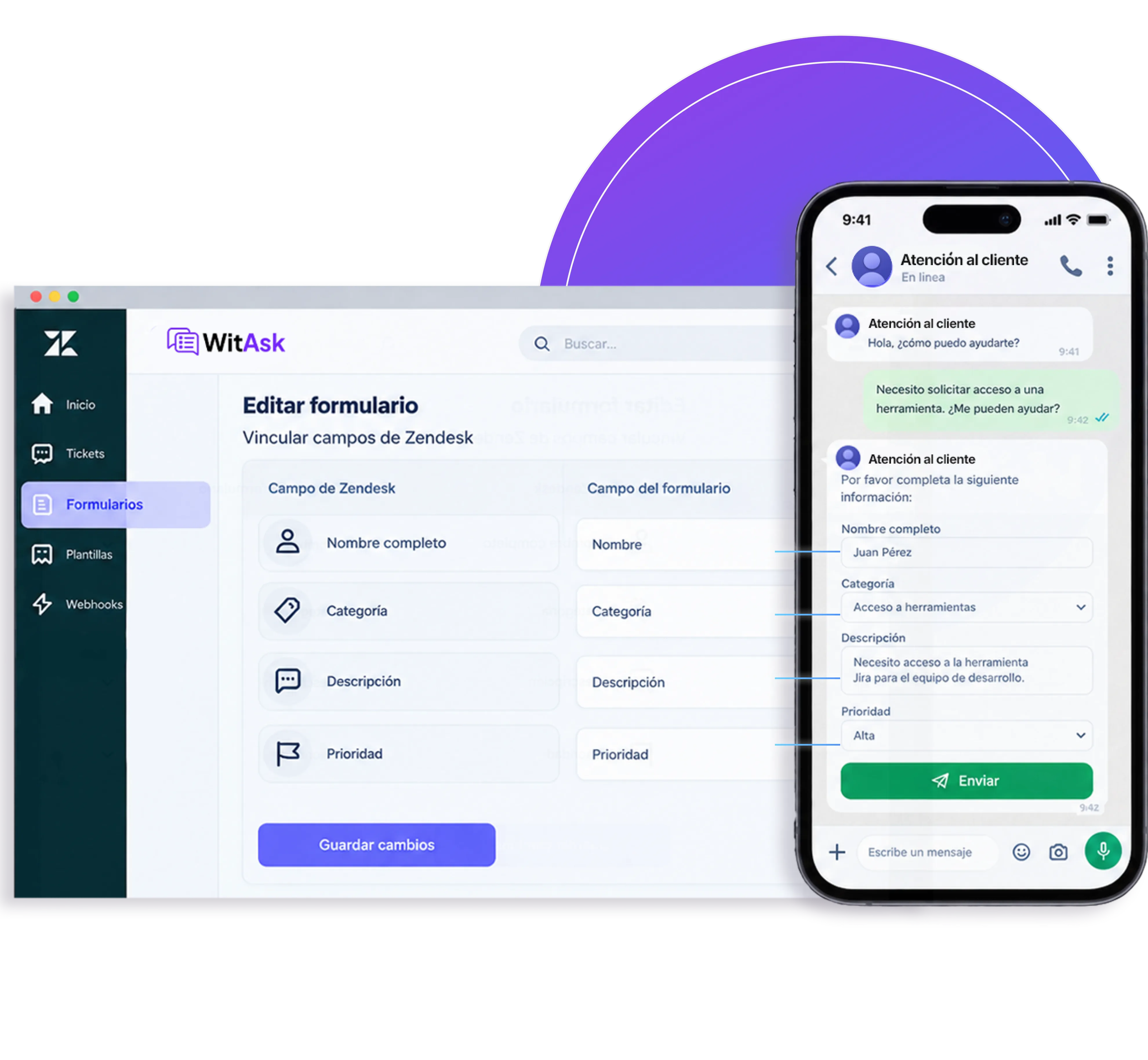 Montaje de WitAsk: el editor de formularios dentro de Zendesk y el formulario completándose en WhatsApp