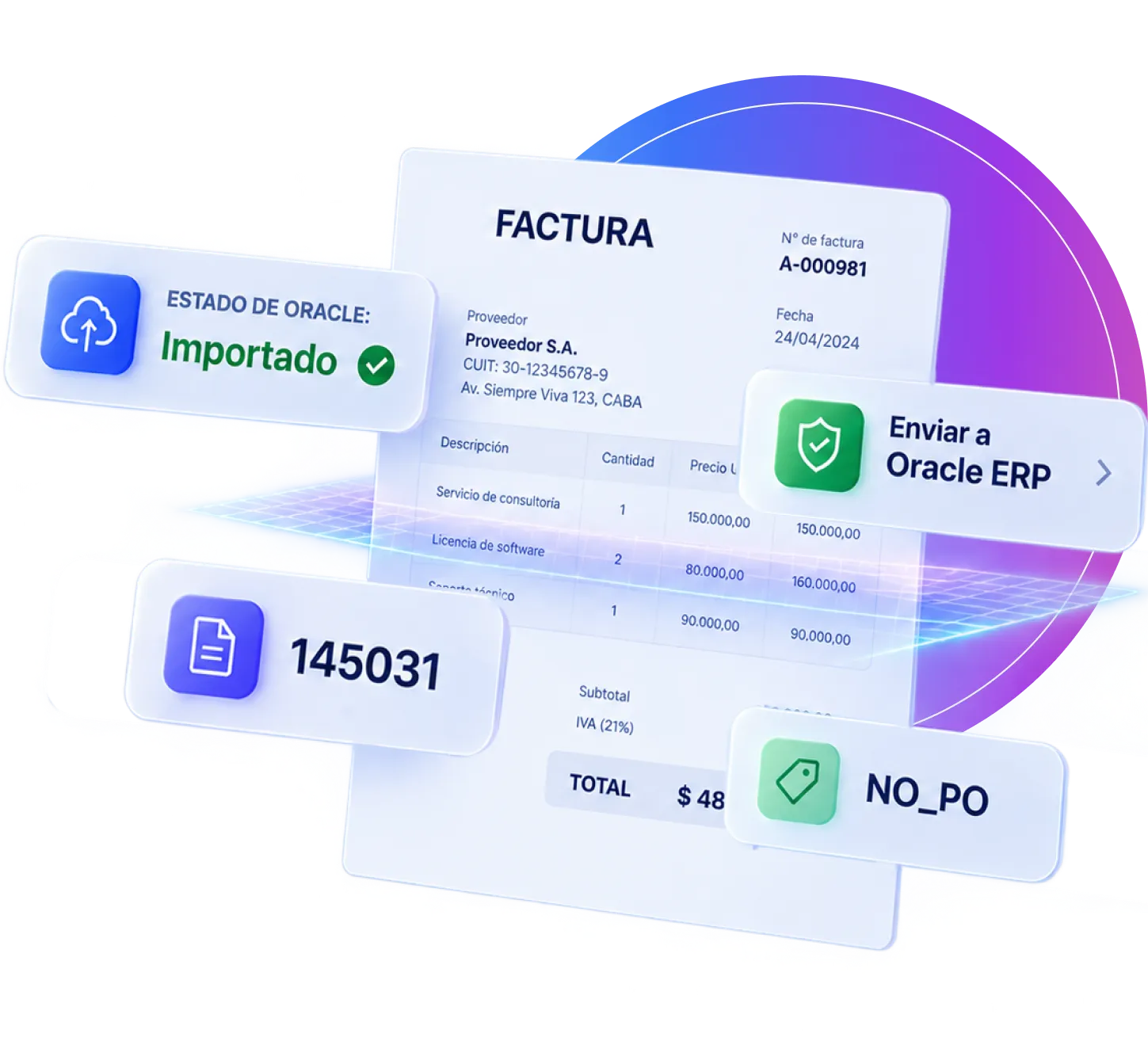 Lectia: a processed invoice with its Oracle import status and the extracted data